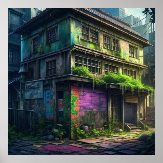 Poster Edifício Abandonado com Grafite Roxo Decadência Ur (Frente)