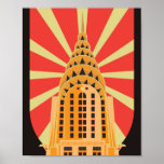 Poster Edifício Icônico Retro Art Deco American<br><div class="desc">Este design de deco de arte apresenta um retrorreflector alto com um fundo vermelho e branco de rajada atrás do prédio. #building #tower #retro #artdeco #american #iconic #structure #trendy #legal</div>
