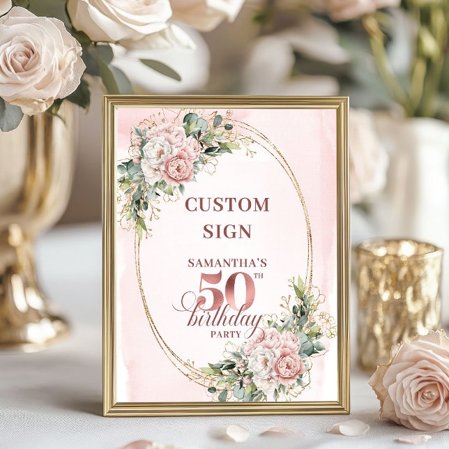 Poster Editable Garden Blush Greenery 50th Birthday Table (Editable Garden Blush Greenery 50th Birthday Tabletop Sign)