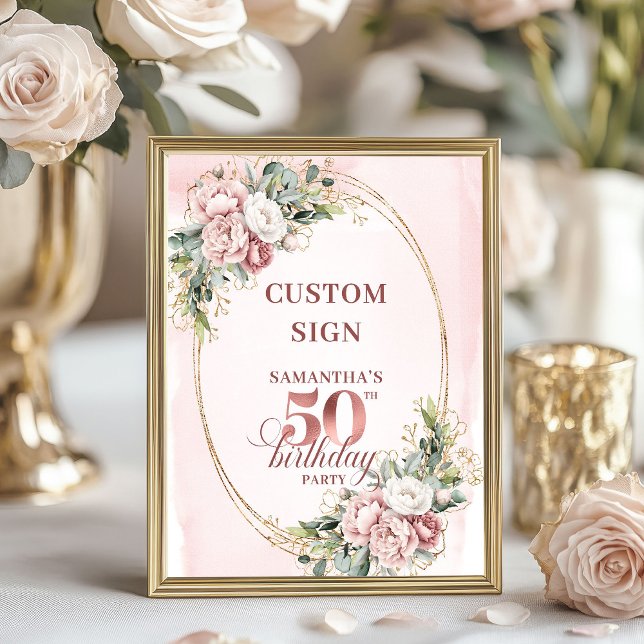 Poster Editable Soft Blush Botânico 50º Aniversário 8x10  (Editable Soft Blush Botanical 50th Birthday 8x10 Sign)