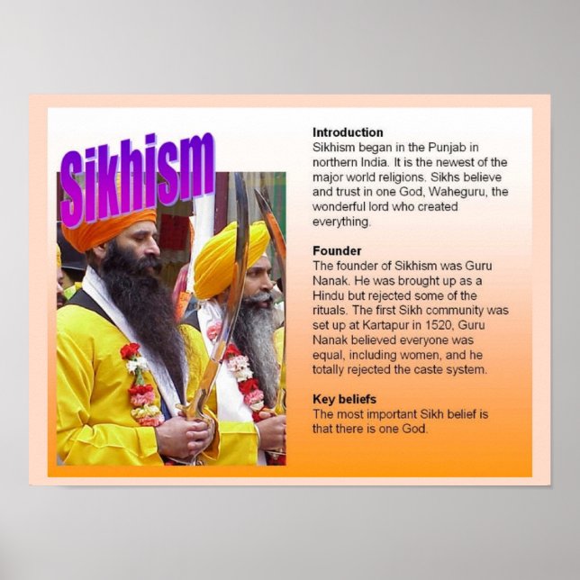 Pôster Educação, Religião, Crenças-Chave do Sikhismo (Frente)