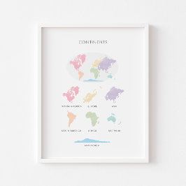 Poster educacional pastel dos continentes