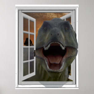 Pôster Efeito de imagem 3D do dinossauro T-Rex Janela Fal
