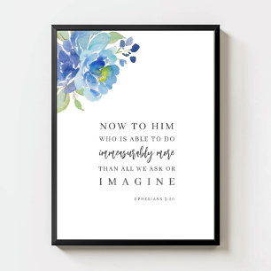 Poster Efésios 3:20 Aquarela Azul Versículo Bíblico Flora
