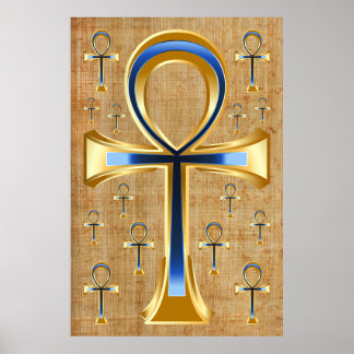 Poster Egípcio Ankh - Design azul e Dourado
