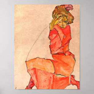 Poster Egon Schiele - fêmea de ajoelhamento no vestido d