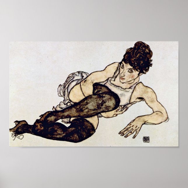 Pôster Egon Schiele - Mulher com Meias Verdes (Frente)