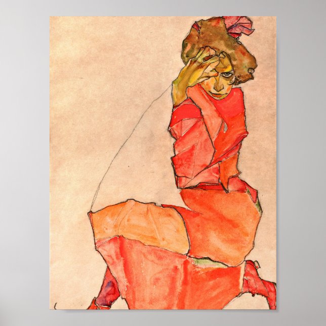 Poster Egon Schiele - Mulher Nacionada Em Vestido Vermelh (Frente)