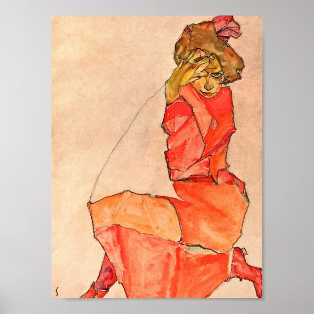 Poster Egon Schiele - Mulher Nacionada Em Vestido Vermelh (Frente)