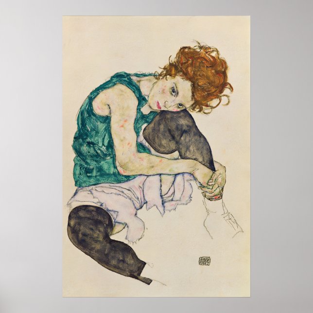 Poster Egon Schiele 'Mulher Sentada' Arte Expressionista (Frente)