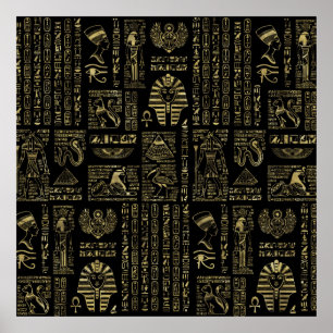 Poster Egyptian hieroglyphs and deities gold on black