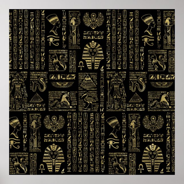 Poster Egyptian hieroglyphs and deities gold on black (Frente)