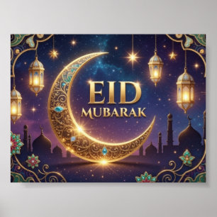 Poster Eid Mubarak elegante Dourado e Azul-Nobre