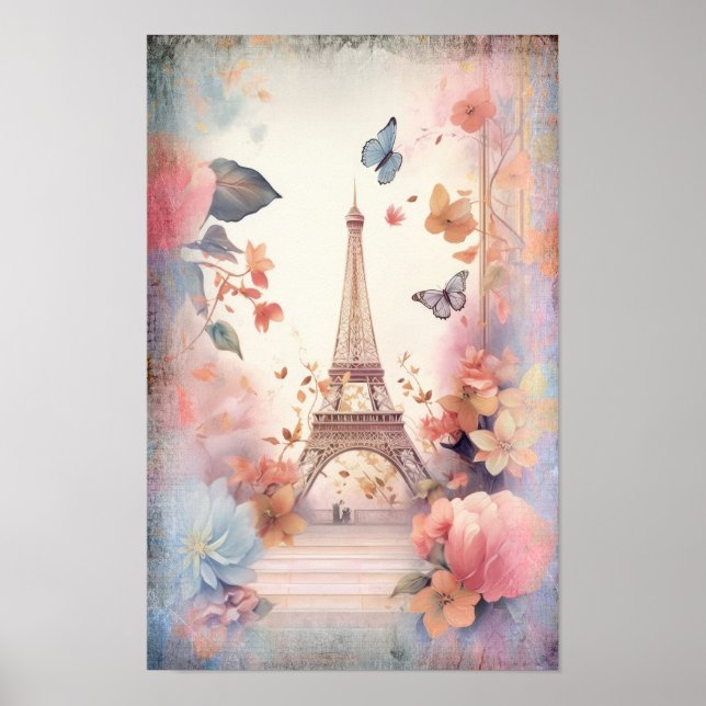 Poster Eiffel Tower Butterflies and Flowers (Frente)
