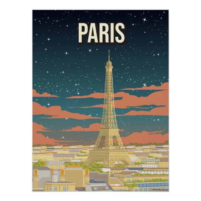 Pôster Eiffel Tower France Night View Travel Poster (Frente)