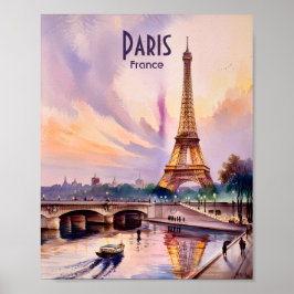 Poster Eiffel Tower Paris France Sunset Watercolor Travel