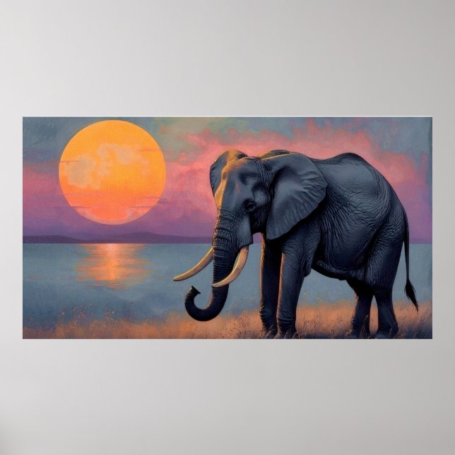 Poster Einsamer Elefant am majestätischen Sonnenuntergang (Frente)