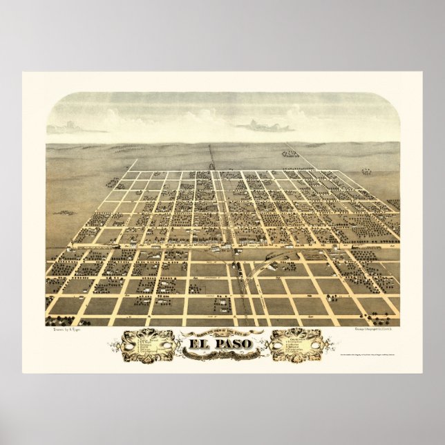 Poster El Paso, Mapa Panorâmico do IL - 1869 (Frente)
