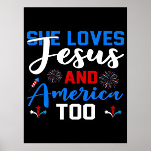 Poster Ela Ama Jesus E a América Também Retro Patriótico