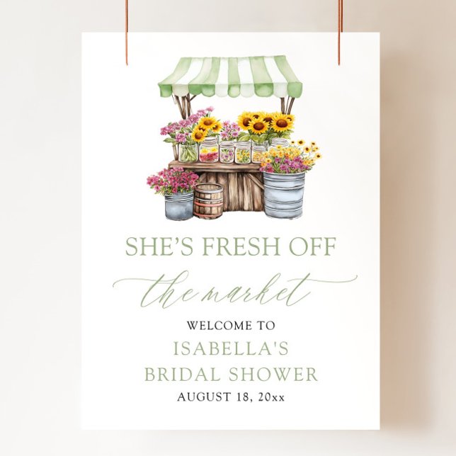 Poster Ela está nova no mercado, Chá de panela bem-vindo (She's Fresh Off the Market Bridal Shower Welcome Sign)