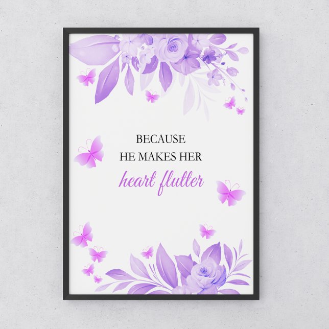 Poster Ele Me Dá Borboletas Chá de panela Roxo (He Gives Me Butterflies Purple Bridal Shower Poster | Because He Makes Her Heart Flutter Poster )