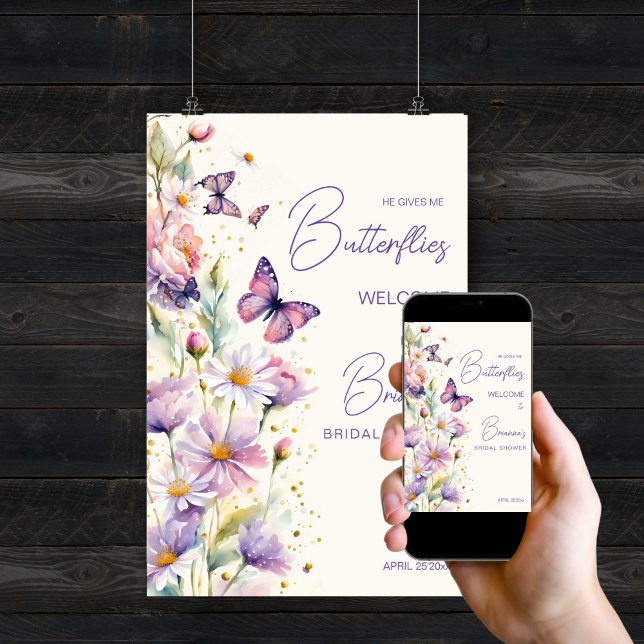 Poster Ele me dá cartazes de boas-vindas de borboletas ch (He gives me butterflies purple lavender bridal shower welcome sign editable template digital downloa)