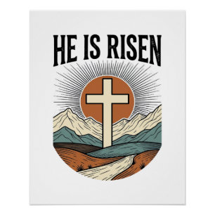 Pôster Ele Ressuscitou Cruz Nascer do Sol Camiseta Cristã