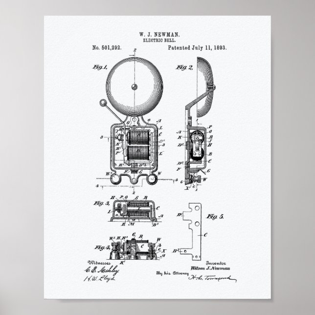 Poster Electric Bell 1893 Patent Art - White Paper (Frente)