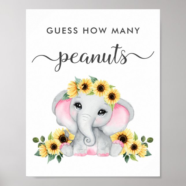 Poster Elefante Adivinha Quantos Amendoins Chá De Menina (Frente)