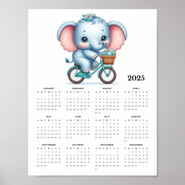 Poster Elefante Adorável em um Calendário de Parede do Bi (Frente)