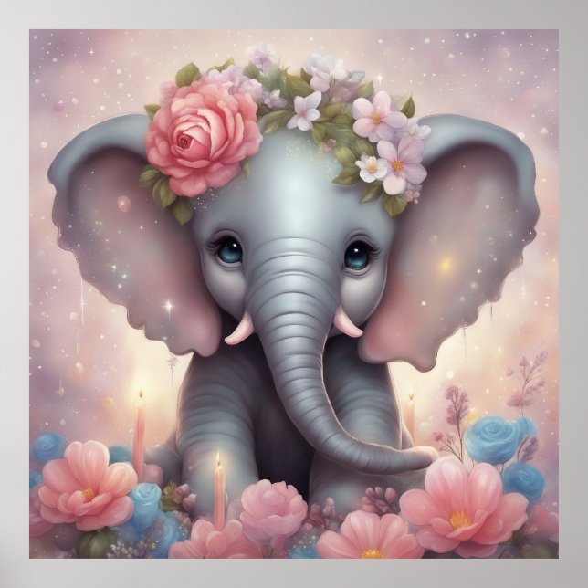 Poster Elefante Adorável para Bebês com Flores (Frente)
