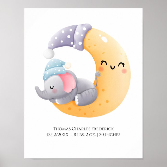 Poster Elefante Adormecido na Lua Estatísticas de Nascime (Frente)