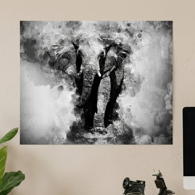 Poster Elefante Africano Aquarela Preto e Branco (African Elephant Black and White Watercolor. Poster)