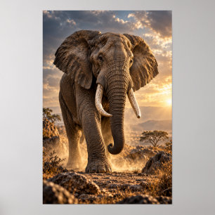 Poster Elefante Africano no Pôr do Sol Dourado Savana Vid