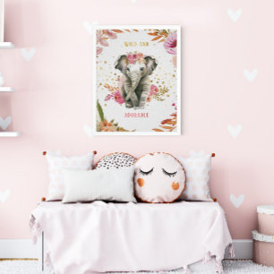 Poster Elefante Aquarela Flores Rosa Menina Quarto