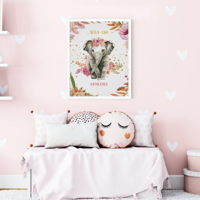 Poster Elefante Aquarela Flores Rosa Menina Quarto (Criador carregado)
