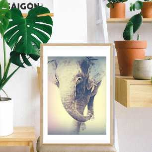 Pôster elefante asiático com cores vintage