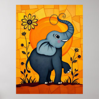Poster Elefante Azul Adorável com Acentos Florais