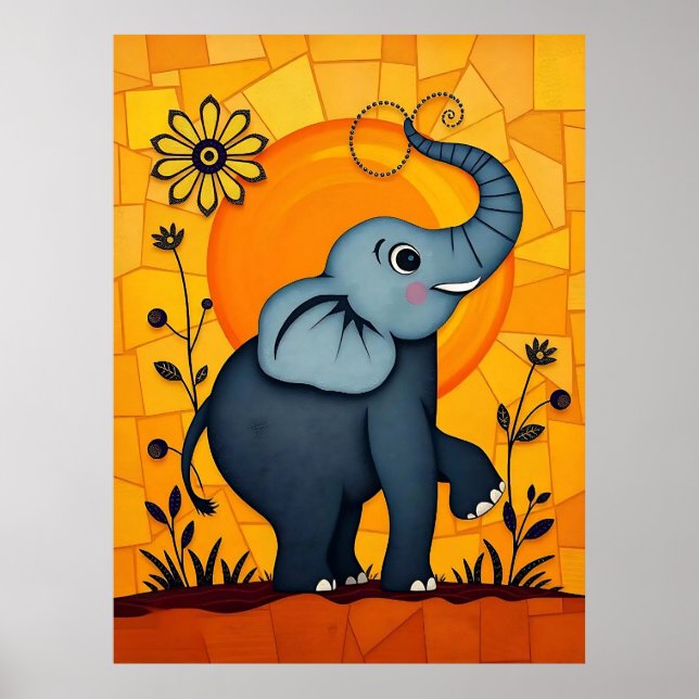 Poster Elefante Azul Adorável com Acentos Florais (Frente)