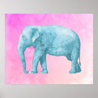 Elefante Azul Claro em Aquarelas Rosa Sonhadoras
