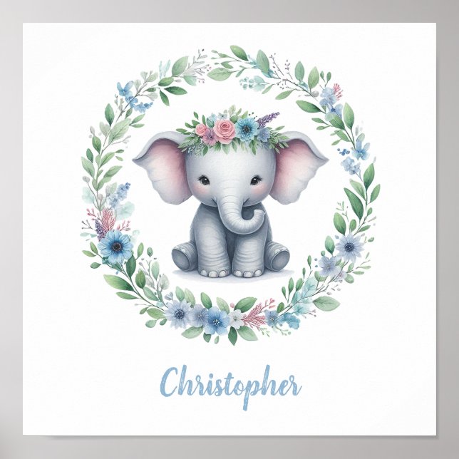 Poster Elefante Azul com Terra Floral (Frente)