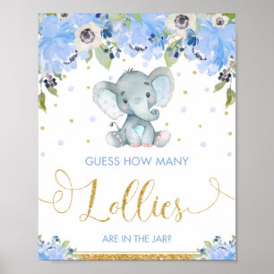 Poster Elefante Azul Floral Adivinha Quantos Lollies Jogo