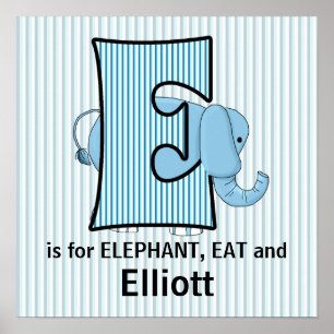 Pôster Elefante Azul Monograma E Quarto de Bebê