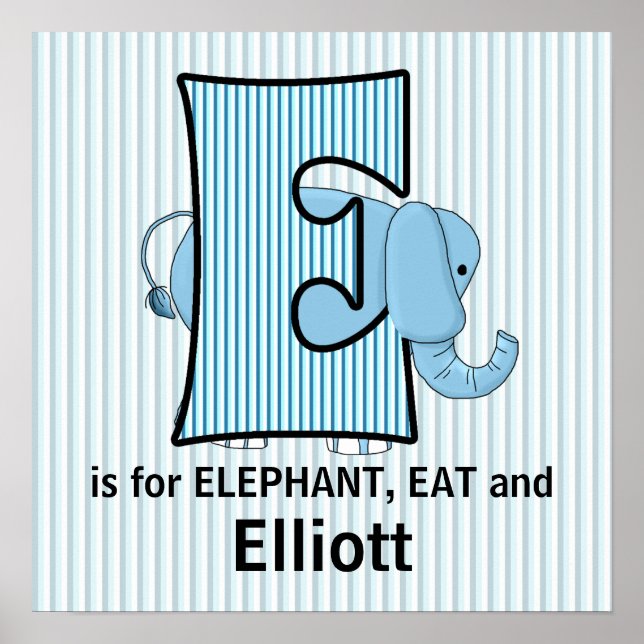 Pôster Elefante Azul Monograma E Quarto de Bebê (Frente)