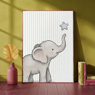 Poster Elefante Bebê Alcançando a Estrela Listras Azuis E