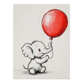 Pôster Elefante Bebê Amigável com Balão Vermelho