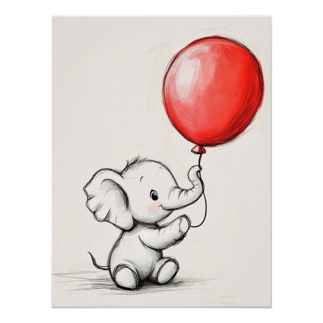 Pôster Elefante Bebê Amigável com Balão Vermelho (Frente)