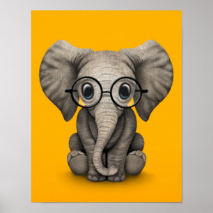 Poster Elefante-bebê bonito com óculos de leitura amarelo
