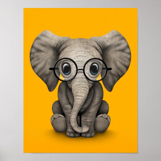 Poster Elefante-bebê bonito com óculos de leitura amarelo (Frente)