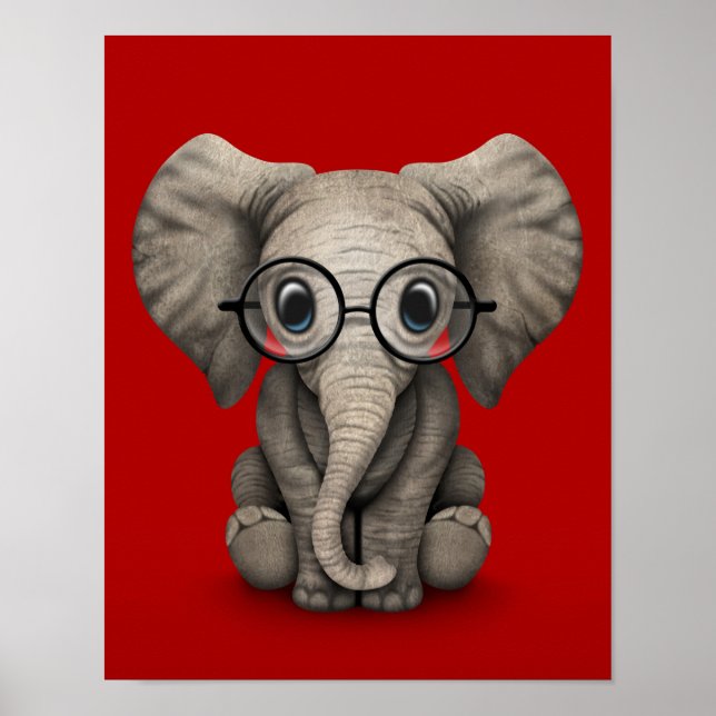 Poster Elefante-bebê bonito com óculos de leitura vermelh (Frente)